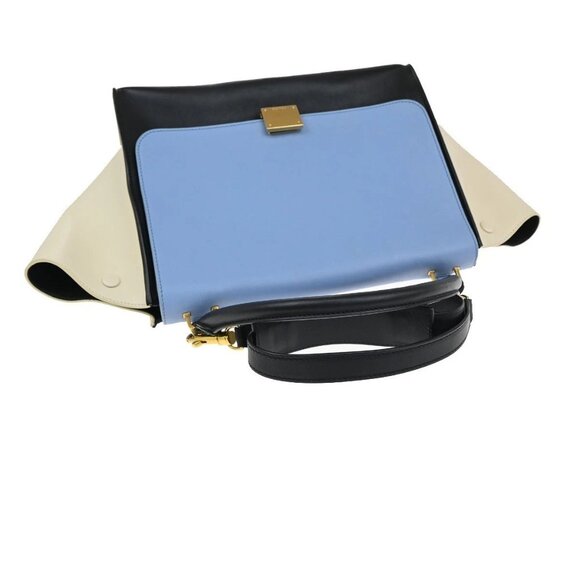CELINE Logo Trapeze 2way Shoulder Hand Bag Leather Blue Black White 77EF941 - Picture 5 of 15